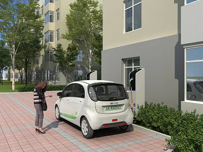 White Small Electric Car Charging at Charging Station With Woman Near Buildings Trees and Greenery 3d model