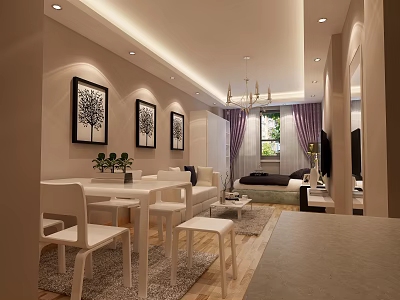 Modern Cozy Open Plan Living And Dining Room Interior With Elegant Decor And Warm Lighting 3d model