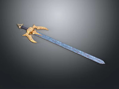 Ornate Vintage Sword With Intricate Golden Hilt And Blue Blade Design 3d model