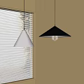 Modern Two Pendant Lights With Light Gray And Black Conical Shades And Warm Light