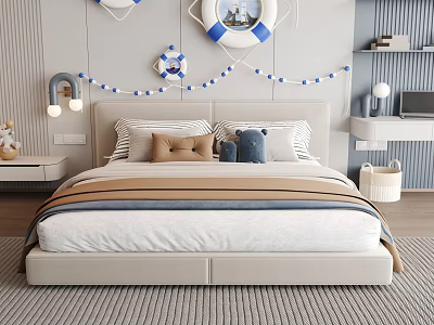 Nautical Kids Bed With Blue String Lights Lifebuoy Decor And Cozy Striped Pillows 3d model