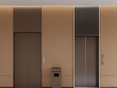 Modern Dual Elevators In Building Lobby With Textured Walls And Trash Bin 3d model
