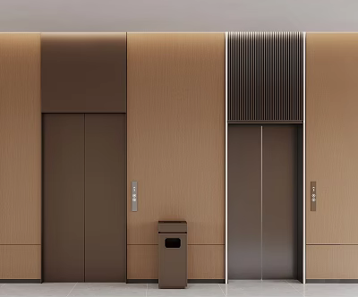 Modern Dual Elevators In Building Lobby With Textured Walls And Trash Bin 3d model