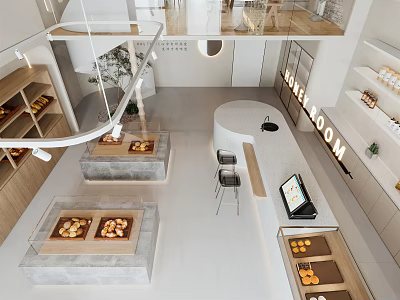 Modern Dessert Shop Interior With Glass Display Cases Fresh Pastries And Seating Area 3d model