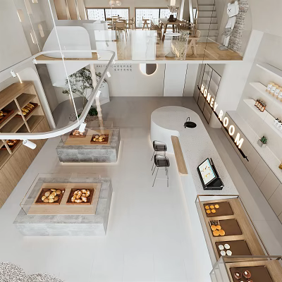 Modern Dessert Shop Interior With Glass Display Cases Fresh Pastries And Seating Area 3d model