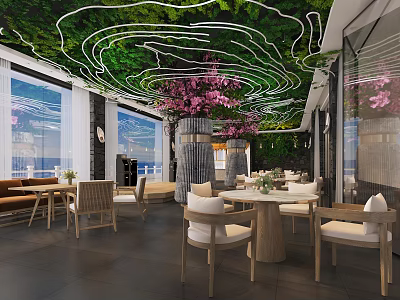 Green Ceiling Restaurant Interior With Cherry Blossom Decor Wooden Tables And Windows 3d model