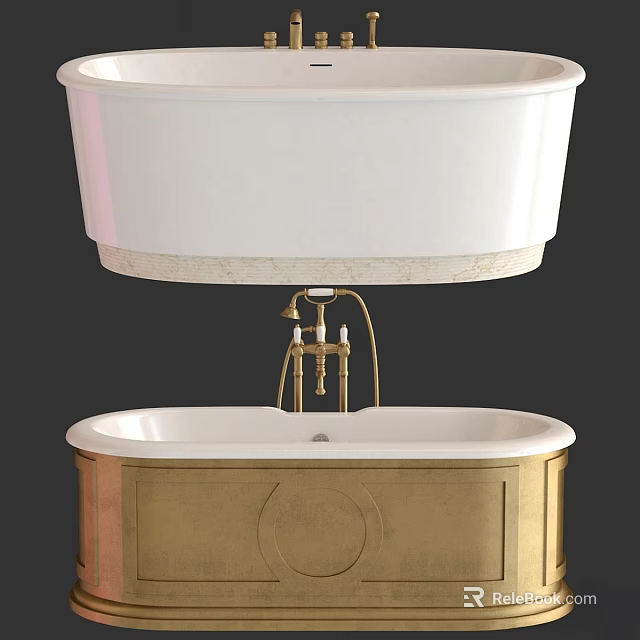 Luxury White Bathtub With Gold Base Brass Faucet And Marble Edge Design 3d model 