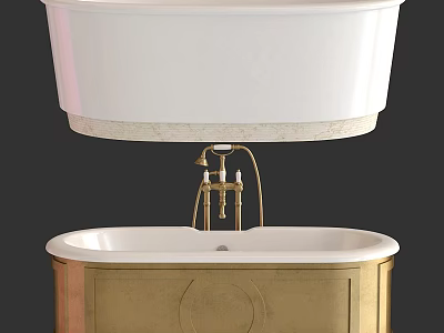 Luxury White Bathtub With Gold Base Brass Faucet And Marble Edge Design 3d model
