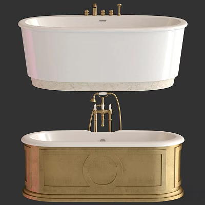 Luxury White Bathtub With Gold Base Brass Faucet And Marble Edge Design 3d model