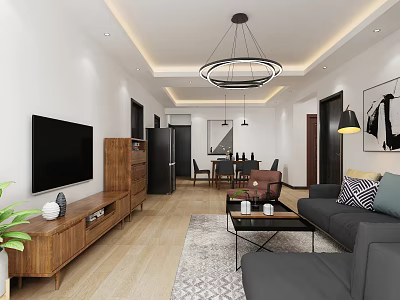 Modern Living and Dining Room Interior With TV Wooden Stand Gray Sofa And Dining Table 3d model