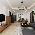 Modern Living and Dining Room Interior With TV Wooden Stand Gray Sofa And Dining Table