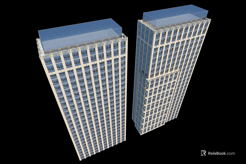 Two Modern Office Buildings With Glass Curtain Walls And Transparent Rooftop Structures 3d model 
