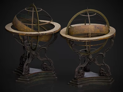 Antique Brass Armillary Globes With Intricate Metal Stands And Ornate Bases 3d model