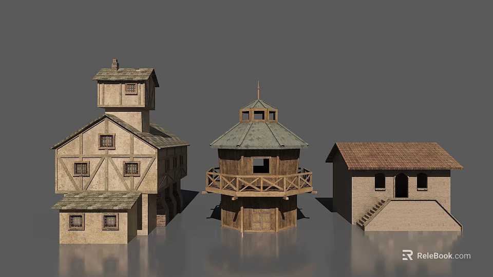 Different Architectural Building Models With Tower Dome Roof And Timber Stone Structures 3d model 