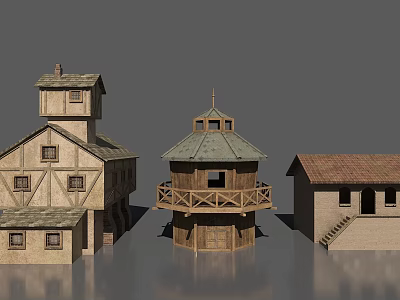 Different Architectural Building Models With Tower Dome Roof And Timber Stone Structures 3d model