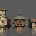 Different Architectural Building Models With Tower Dome Roof And Timber Stone Structures