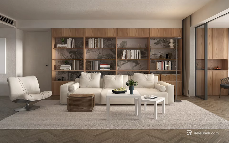 Modern Minimalist Living Room Interior With White Sofa Wooden Bookshelves And Potted Plant 3d model 