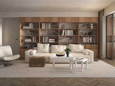 Modern Minimalist Living Room Interior With White Sofa Wooden Bookshelves And Potted Plant 3d model