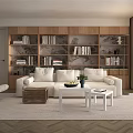 Modern Minimalist Living Room Interior With White Sofa Wooden Bookshelves And Potted Plant