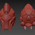 Two Sci Fi Helmets In Orange White Gray Gold With Red Indicator And Triangle Logo