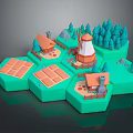 Cartoon Scene With Hexagonal Green Platforms Small Houses Windmill And Trees 3d model