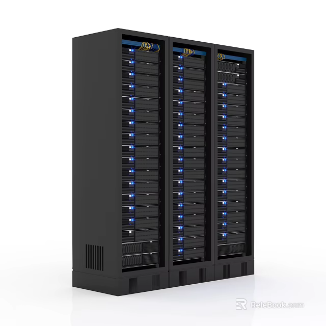 Black Server Rack With Multiple Server Units And Blue Indicator Lights 3d model 