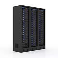 Black Server Rack With Multiple Server Units And Blue Indicator Lights