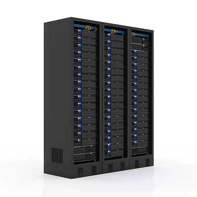 Black Server Rack With Multiple Server Units And Blue Indicator Lights 3d model