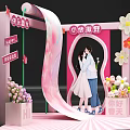 Pink Spring Photo Check In Spot With Scroll Decoration Flowers And Cartoon Couple