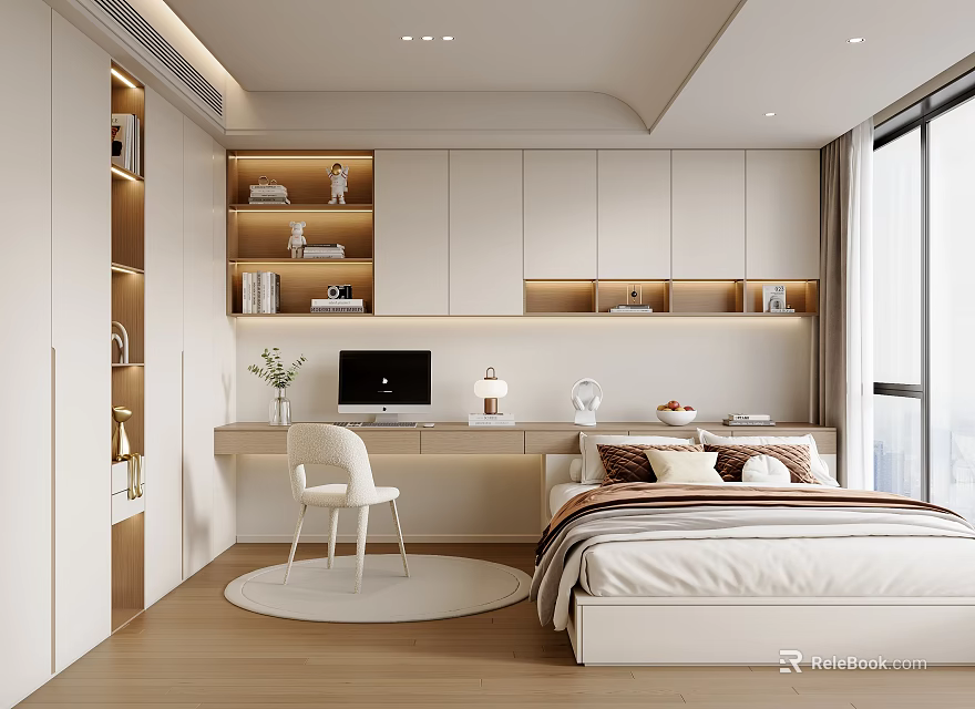 Modern Tatami Bedroom Interior With Desk Chair Shelves Cabinets And Large Windows 3d model 