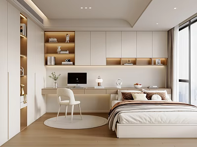 Modern Tatami Bedroom Interior With Desk Chair Shelves Cabinets And Large Windows 3d model
