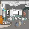 Cheerful Kindergarten Interior With White Balloons Green Walls Arched Doors Projection Screen And Colorful Chairs