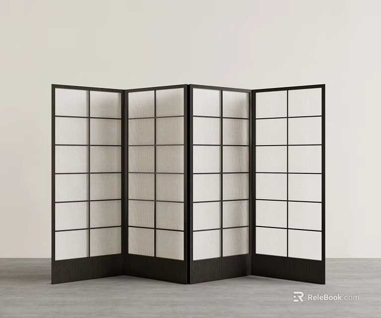 Four Panel Folding Screen Room Divider With Black Wooden Grid Design 3d model