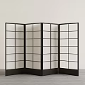 Four Panel Folding Screen Room Divider With Black Wooden Grid Design
