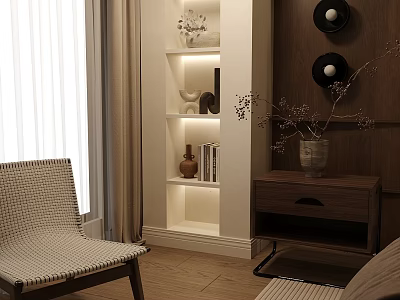 Stylish Wooden Bedside Table With Drawer Decorative Vase And Shelf Lighting Near Chair 3d model