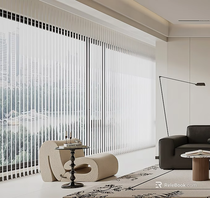 Comfortable Modern Leisure Chair In Living Room With Vertical Blinds City View And Floor Lamp 3d model 