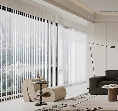 Comfortable Modern Leisure Chair In Living Room With Vertical Blinds City View And Floor Lamp 3d model