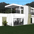 Modern Detached Villa With Large Glass Windows Black Railings Green Lawn And Mountain View