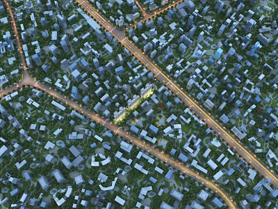 Aerial Urban Planning View With Dense Residential Buildings And Road Networks 3d model