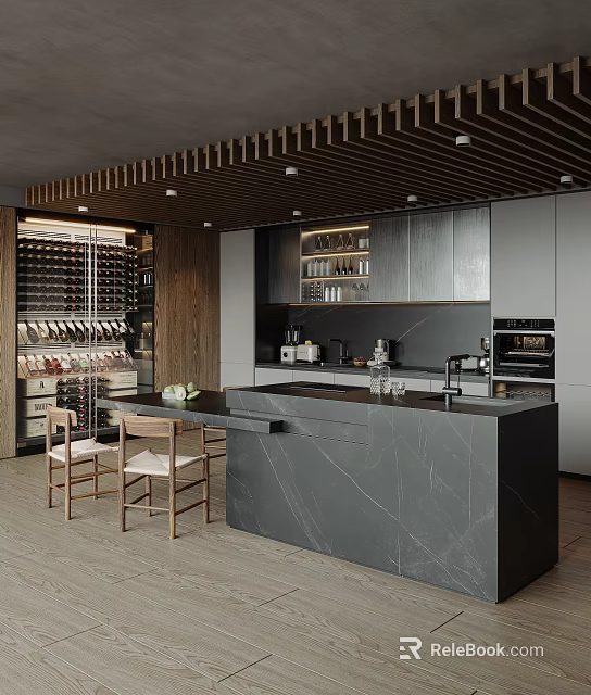 Modern Kitchen Interior Design With Wine Rack Marble Island Counter Cabinets And Chairs 3d model 