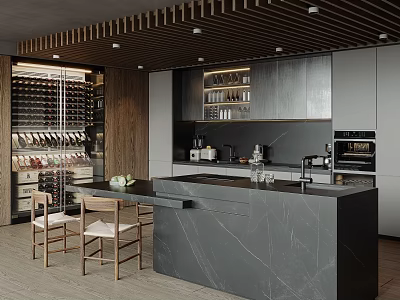Modern Kitchen Interior Design With Wine Rack Marble Island Counter Cabinets And Chairs 3d model