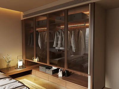 Modern Luxury Walk in Closet Interior Design With Glass Door Wardrobe And Hanging Clothes 3d model