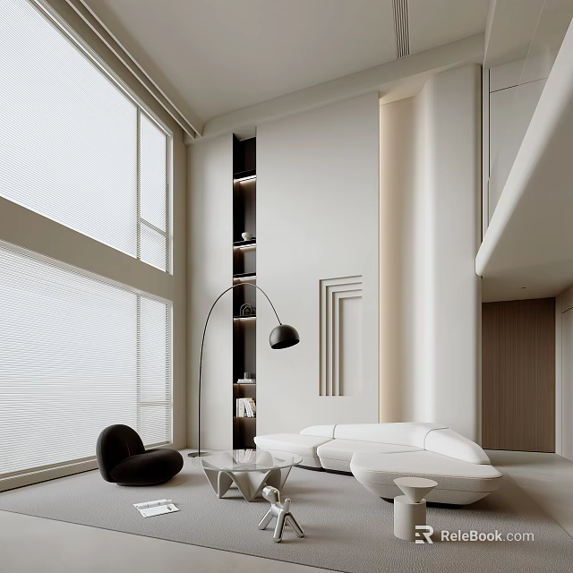 Modern Duplex Living Room With Large Windows And Light Tones 3d model