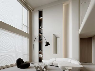Modern Duplex Living Room With Large Windows And Light Tones 3d model