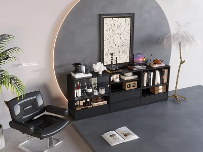 Modern Black Bookcase Interior With Books Decorations And Glass Door Shelves 3d model