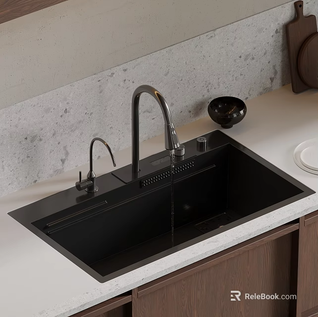 Modern Kitchen Black Sink Design With Silver Faucet Light Countertop And Gray Wall 3d model 