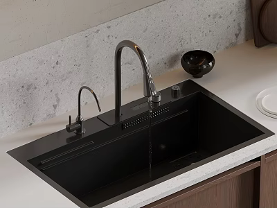 Modern Kitchen Black Sink Design With Silver Faucet Light Countertop And Gray Wall 3d model