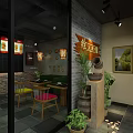 Ancient Residence Concept Restaurant with Xinda Fresh Beer Red Signboard Brick Walls Tables Chairs Greenery