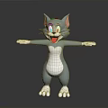 Blue cartoon cat smiling with open arms white belly and pink ears grey background