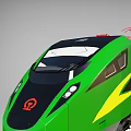 Green High Speed Train with Streamlined Design Red Pantograph Yellow Stripes Running on Railway Track